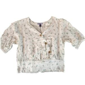 Vylette Blouse Womens L Cream Floral Puff Sleeve Smocked‎ Back Cropped V-Neck